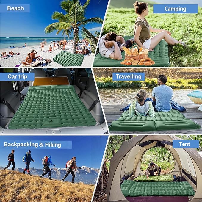 Double Sleeping Pad for Camping, Ultralight Camping Mattress with Pillow, Built-in Foot Pump, Thick Self-Inflatable 2-Person Portable Mat for Backpacking Hiking Car Traveling Beach Tent