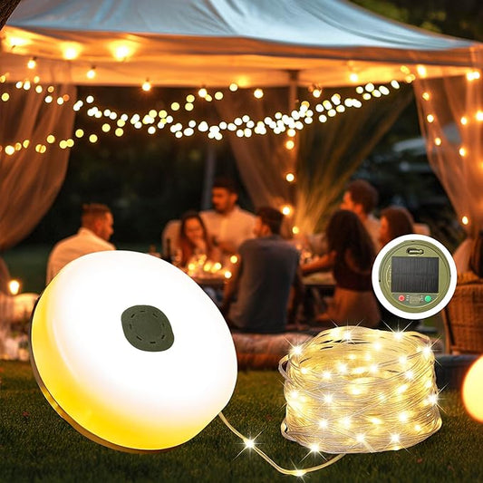 Solar Camping String Lights with 100 LEDs, 33 FT Outdoor Fairy String Lights with 13 Lighting Modes & Timer, Waterproof & Rechargeable, Camping Gear for Tent, Yard, Garden, Hiking, Travel Decor