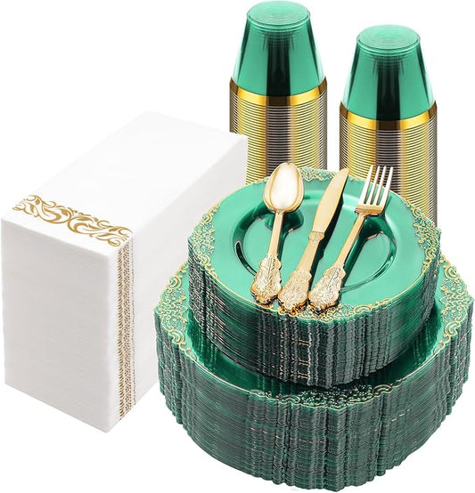 350PCS Clear Green Plastic Plates for 50 Guests, Disposable Plates with Gold Trim include 100 Dinner Plates, 150 Gold Silverware, 50 Cups, 50 Napkins for Party, Wedding and Graduation