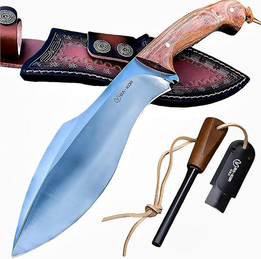 BA-KOR (Survivor III) 35.5CM (14.2 ") DC53 steel 10mm thickened full Tang fixed knife+ leather sheath &(5.9IN) Cerium Igniter, suitable for outdoor hunting, cutting, chopping, camping, obstacle removal, exploration, fishing, EDC, BBQ