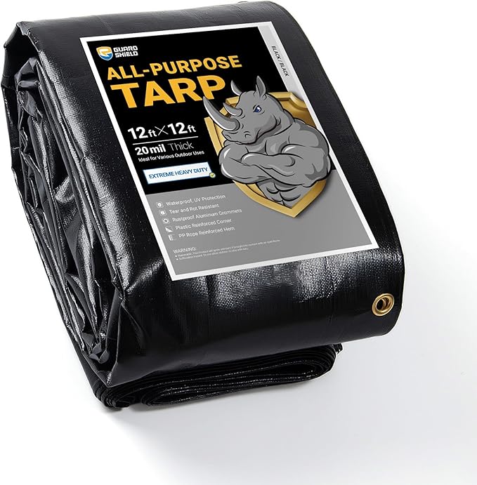 GUARD SHIELD Extreme Heavy Duty Black Poly Tarp 12x12 Feet Cover Waterproof Tarps 20mil Thick UV and Tear Resistant Tarpaulin