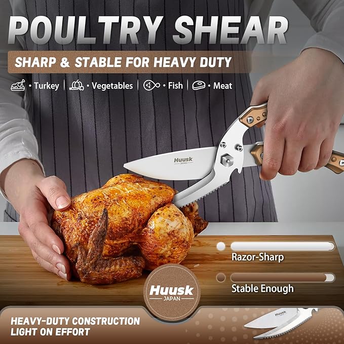 Huusk Poultry Shears Heavy Duty Kitchen Scissors All Purpose for Food Detachable Meat Cutting Scissor Ultra Sharp Cooking Shear for Turkey Chicken Bone Vegetable Bronze