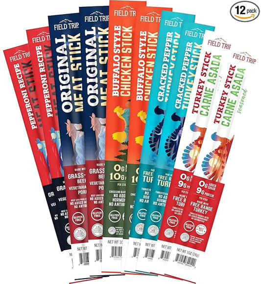 Field Trip Grass Fed and Free Range Variety Jerky Snack Sticks, Keto, Paleo, Gluten Free, Allergy Friendly Snack, High Protein, 90 and 100 Calorie Snack, 1oz, 10 Pack