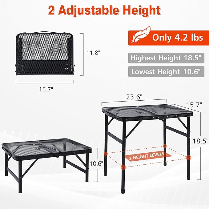 Camping Table, 2x1.3 FT Portable Folding Grill Table, Lightweight Height Adjustable Metal Tables with Mesh Desktop and Mesh Bag, Outdoor Tables for Camping, Picnic, Beach and BBQ, Black