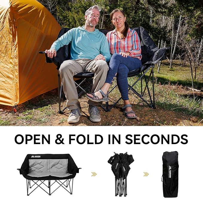 2 Person Camping Chair Oversized Loveseat Camping Chair Double Camping Chairs for Adults Heavy Duty Camping Couch Black Outdoor Folding Chair Portable Patio Lawn Chair