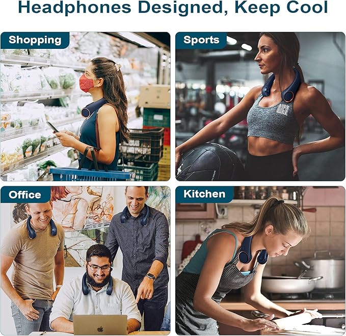 CIVPOWER Neck Fan: Portable Personal Neck Cooling Rechargeable Bladeless Fan - Hands Free 3 Speed 4000 mAh Battery USB Operated Wearable Headphone Design - for Men Women Outdoor Indoor (Dark Blue)