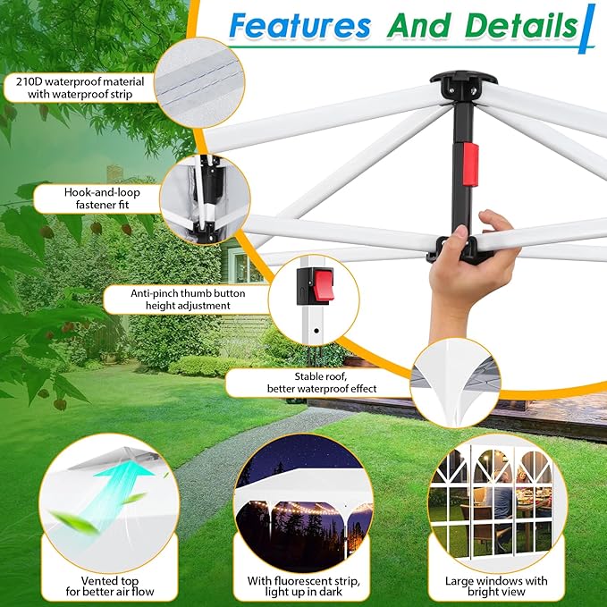 COBIZI 10x20 Pop up Canopy Tent with 4 Sidewalls Outdoor Canopy Tent for Party with Push Center Lock & Air Vent, 2000mm+Waterproof Gazebo Canopy UPF 50+with 4 Sandbags,12 Stakes & 6 Ropes,White