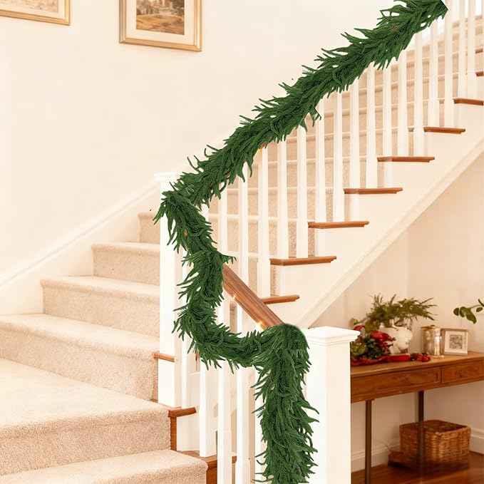 12FT(2 * 6FT) Artificial Norfolk Pine Garland Real Touch Winter Pine Christmas Garland Faux Evergreen Greenery Garland for Fireplace Mantel, Table, Door Decor - Indoor/Outdoor Holiday Decoration