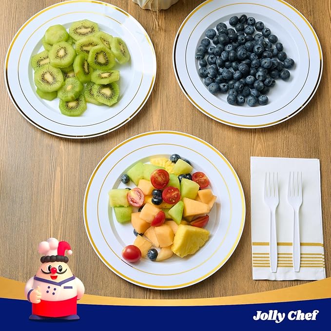 JOLLY CHEF 200 Pieces Gold Plastic Plates, 10 Inch Elegan Disposable Plates White Plate with Gold Rim,Plastic Plates for Dinner、Birthdays and Weddings