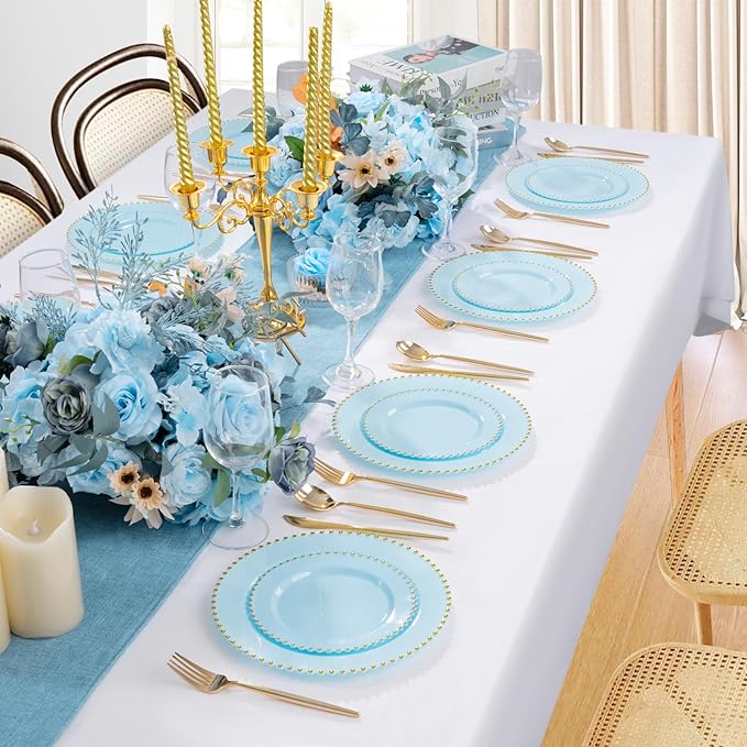 EI 60pcs Blue Plastic Plates,Dispoable Heavy Duty Plastic Plates with Gold Rim,Baby Blue Dessert/Dinner Plate,Fancy Elegant Plate for Party,Birthday,Afternoon Tea