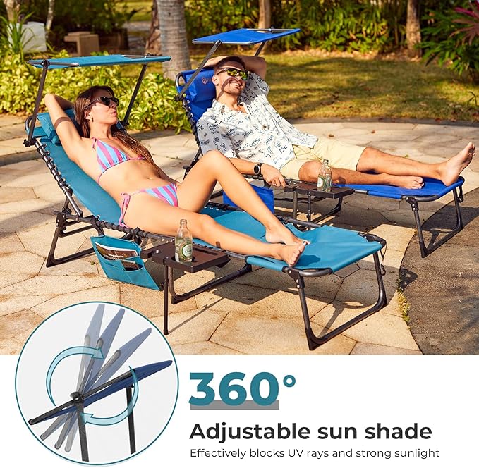 FUNDANGO 4 in 1 Tanning Chair with Face Hole, Beach Lounge Chair w/Canopy Shade & Side Table Chaise Lounge Chairs for Patio, Pool, Lawn, Sunbathing, 5-Position Adjustable Sun Lounger, Blue