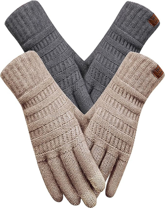 REACH STAR 2 Pairs Winter Gloves for Women - Upgraded Touch Screen Warm Knit Gloves Cold Weather, Soft Fleece Lining Elastic