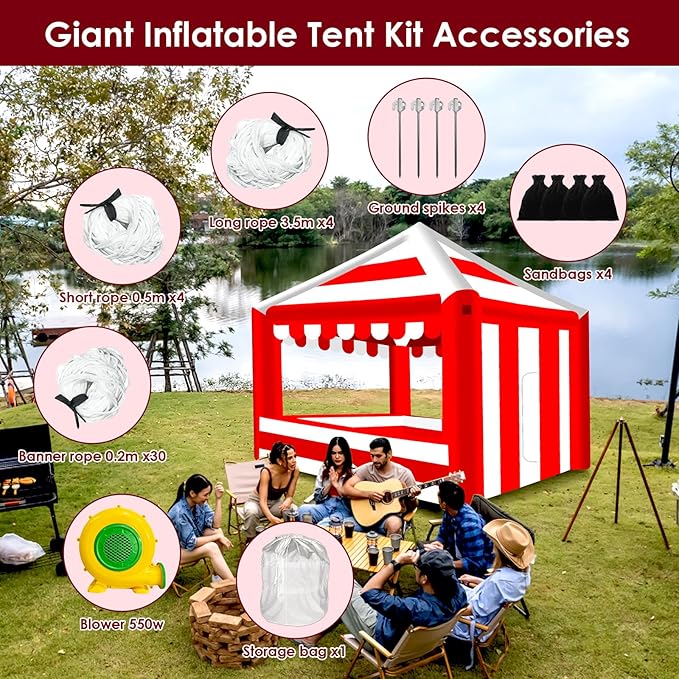 Inflatable Canopy Tent 13x13,Advertising Outdoor Shade Tent with 550w Air Blower,Red & White Striped for Tradeshow,Promotion Events, Parties, Camping