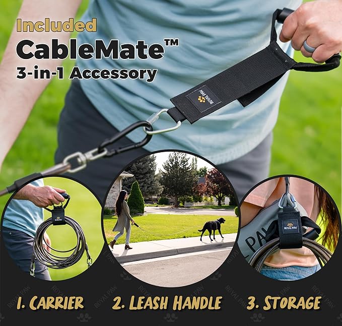 ROYAL-PAW Dog Tie Out Cable - Tie Out Cable for Dogs (up to 300 lbs) - Use Dog Tie-Outs & Stakes for Outside - Best Heavy Duty Dog Leash for Large Dogs (20ft - Black Onyx)