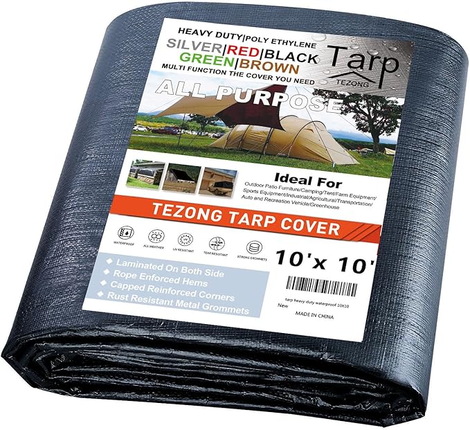 Tarp Heavy Duty Waterproof 10x10ft,TEZONG Black Tarp 12MIL Plastic Tarpaulin Outdoor Tarp Cover for Emergency Rain,Patio Furniture,Wood,Roof,Camping,Car,Pool