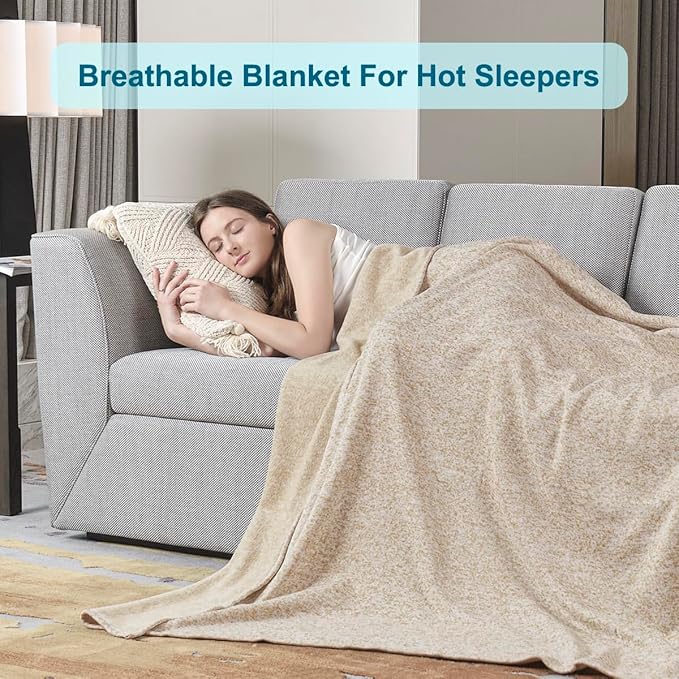 KAWAHOME Summer Sweatshirt Throw Blanket for Bed-Lightweight Breathable Blankets,Soft Thin Knit Jersey Throw Blanket for Hot Sleepers,50 X 60 Inches, Heather Camel