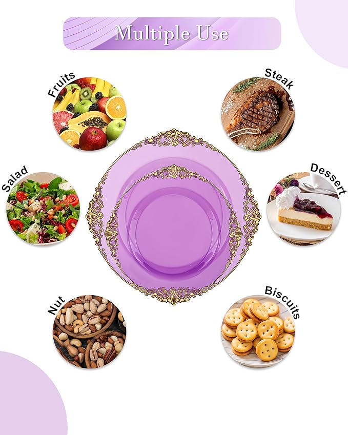 Nervure 175PCS Clear Purple Plastic Plates - Purple Party Plates Set for 25 Guests Include 25Dinner Plate, 25Dessert Plate, 25Cups, 75 Cutlery, 25Napkins Perfect for Wedding & Party