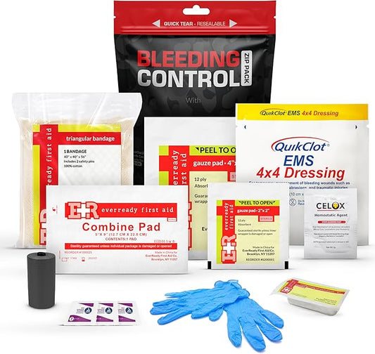 Bleeding Control Zip Pack with QuikClot, Celox, Gauze Pads, Triangular Bandage, BZK Wipes, Nitrile Gloves, Tape – Trauma First Aid Kit for Emergency Use