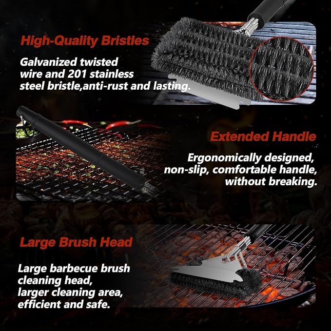 Professional Grill Brush and Scraper Kit - Heavy Duty BBQ Grill Brush with Stainless Steel Scrubber, Outdoor Grill Cleaning Brush Tools for Home, Restaurant & Commercial Use