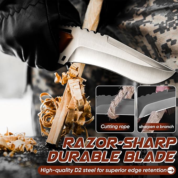 Purple Dragon Camping Knife with Sheath - D2 Steel Survival Knives for Bushcraft, Hunting - Ergonomic G10 Handle Outdoor Survival Gear Gift for Men