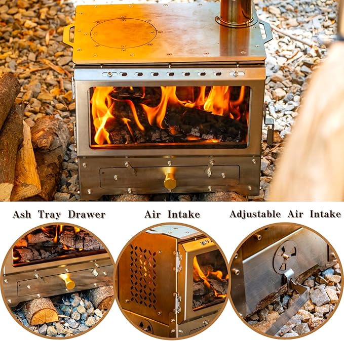Hot Tent Stove, Heavy-Duty Stainless Steel Wood Burning Camping Stove with Chimney Pipes for Outdoor Cooking