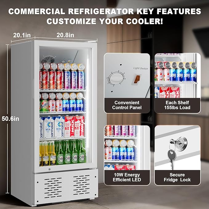 6.5 Cu.Ft Commercial Beverage Refrigerator Glass Door Drink Cooler with Soft Light and 5 Shelves, Display Refrigerator for Restaurant Store Cafe Office, White