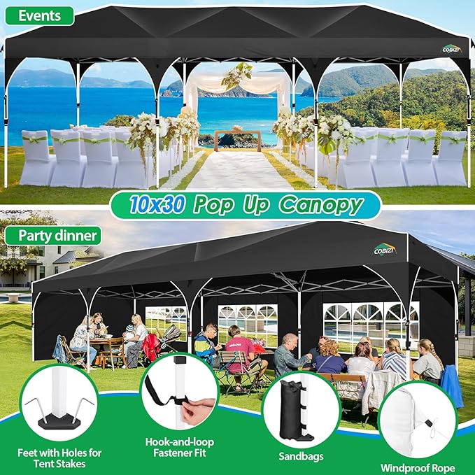 COBIZI 10X30 Party Tent 10x30 Pop Up Canopy Tent for Parties with Wheeled Bag|Push Center Lock & 5 Sidewalls|Waterproof & UPF50+|Gazebo Outdoor Canopy for Wedding,BBQ with 8 Stakes & 16 Ropes,Black