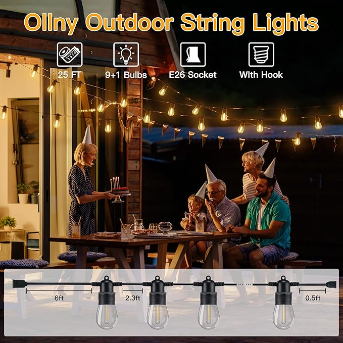 Ollny Outdoor String Lights, 25 FT Waterproof Connectable Patio Lights with 9+1 Shatterproof S14 Bulbs(1 Spare), Outside Hanging Light for Balcony, Porch, Yard, Garden, Backyard