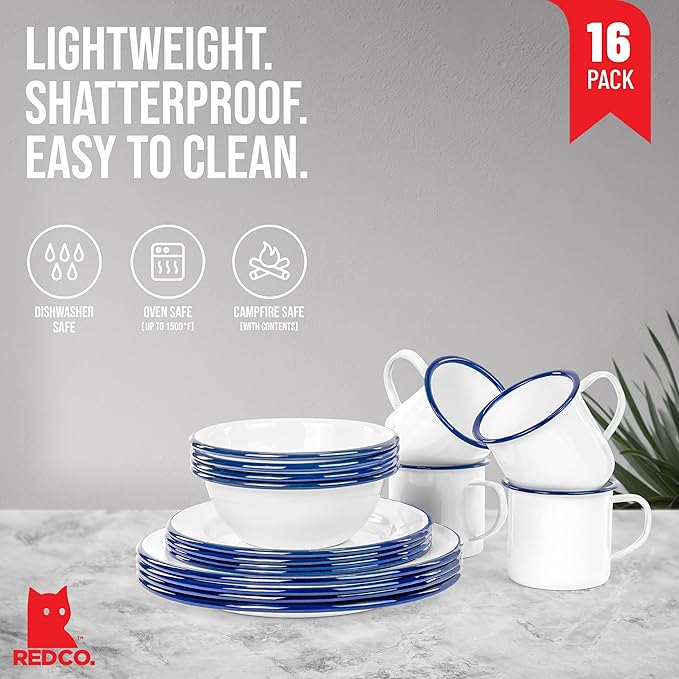 Red Co. 16-Piece Enamelware Metal Dinnerware Set for 4, Solid White/Navy Blue Rim