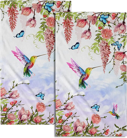 Giwawa Pink Floral Hand Towels Set of 2 Hummingbird Butterfly Soft Absorbent Guest Bath Towel Kitchen Dish Towel Spa Home Bathroom Decorations