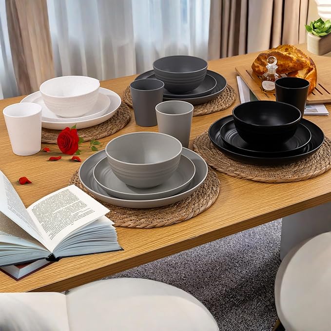 Supernal 16pcs Kitchen Plates and Bowls Set, Wheat Straw Dinnerware Sets,Unbreakable Dishwasher Safe, Plates Wheat Straw Dishes Set for Four Colors, Plate Cereal Bowl Cup for Kitchen & Outdoor