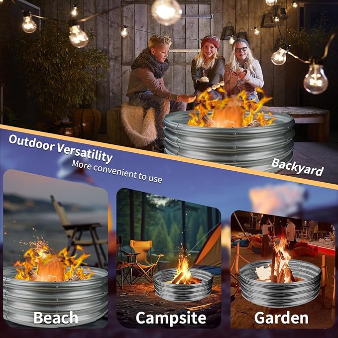 48 Inch Round Galvanized Fire Pit Ring/Fire Ring - Foldable and Perfect for Outdoor Gatherings and Campfires in The Yard/Garden/Park/Beach (4 FT Diameter, Silver)