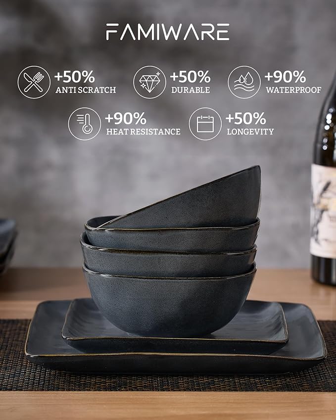 Famiware Dinnerware Sets for 4, Ocean Square 12-Piece Kitchen Plates and Bowls Sets, Microwave and Dishwasher Safe, Scratch Resistant, Matte Black