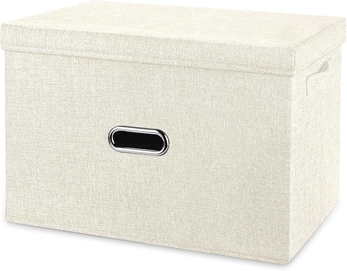 Large Linen Fabric Foldable Storage Bins with Removable Lid and Handles, Washable Storage Box Organizer Containers Baskets Cube with Cover for Bedroom,Office(Cream, Medium)