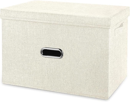 Large Linen Fabric Foldable Storage Bins with Removable Lid and Handles, Washable Storage Box Organizer Containers Baskets Cube with Cover for Bedroom,Office(Cream, Medium)