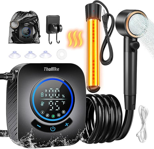 Upgraded Portable Shower with Heater, 1500W Immersion Heated, 8000mAh Rechargeable Camping Shower Pump with LED Display, IPX8 Waterproof Lightweight Outdoor Shower Pump Kit for Hiking, Travel, Car