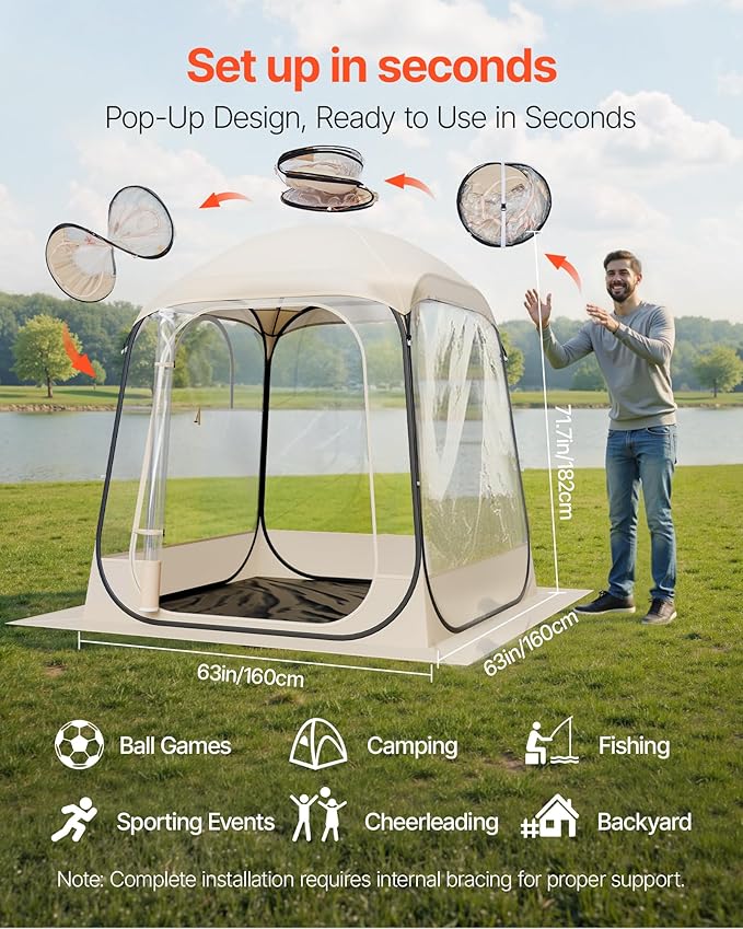 VEVOR Pop up Sports Tent, 4 Sizes Optional Clear Bubble Tent for 1-6 Person, Waterproof Outdoor Pod with Floor Mat & Top Cover, Garden Igloo Dome Tents Camping Shelter for Sports Watching