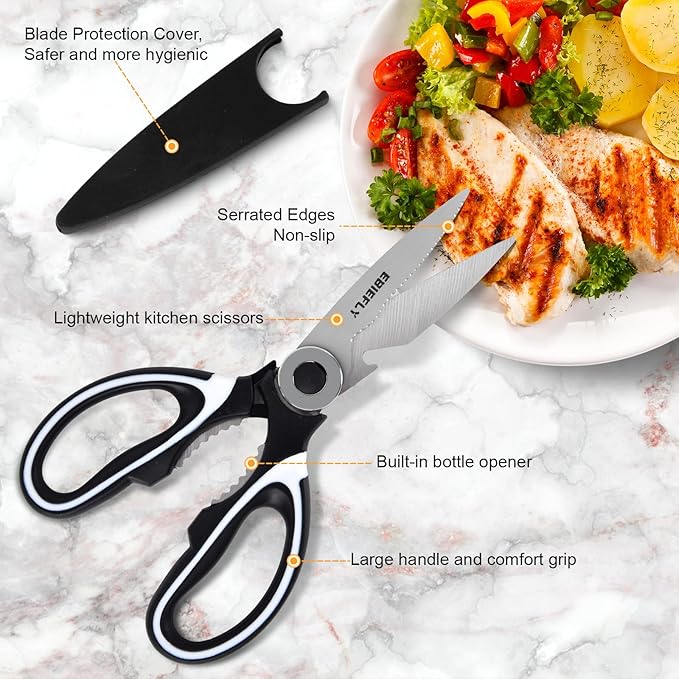Kitchen Scissors Utility Chopping Scissor Professional Shears for Meat Cutting Sharp Kitchenaids Shears Multipurpose Scissor for Food Outdoor BBQ No Rust + 100 Pcs Plastic Gloves Disposable