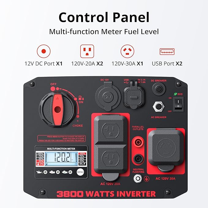 3800W Portable Inverter Generator for Home Use, Gas Powered Generator Super Quiet with CO Sensor ECO Mode EPA Compliant, Parallel Capable Long Run Time for Camping Tailgating Emergency Use