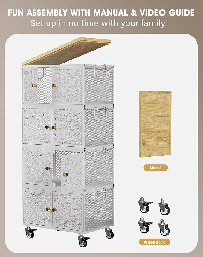 4 Tier Metal Storage Bins and Boxes Organizer, Magnetic Doors & 360°Swivel Lockable Wheels, Easy,labor-Saving, Ocean Life Cutout Pattern, Eco-Aesthetic for Living Room,Bedroom,bathroom,kitchen