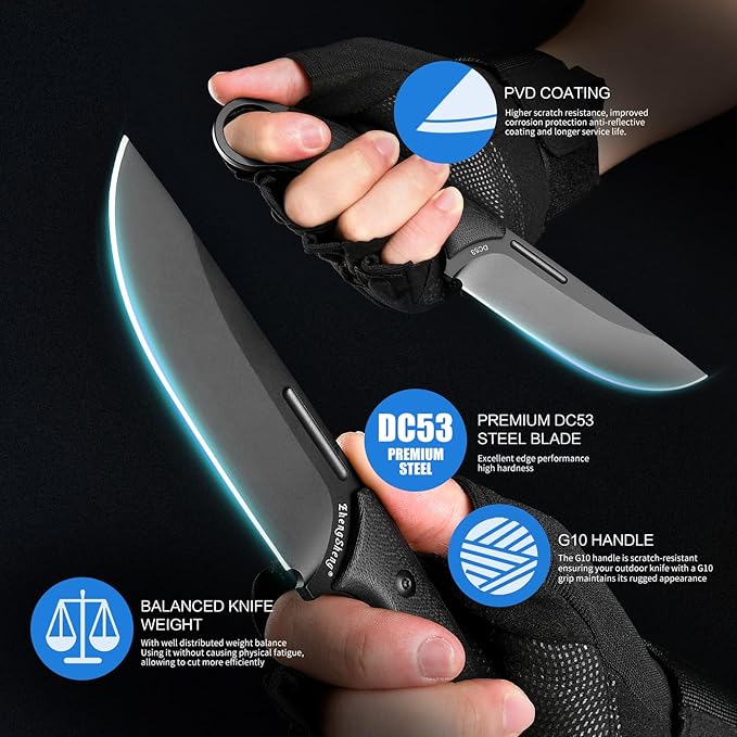 Fixed Blade Knife with Sheath, 4.0” DC53 Steel blade with Black Titanium Coating and G10 Handle Full Tang Outdoor Camping Hiking Survival Knives for Men Women