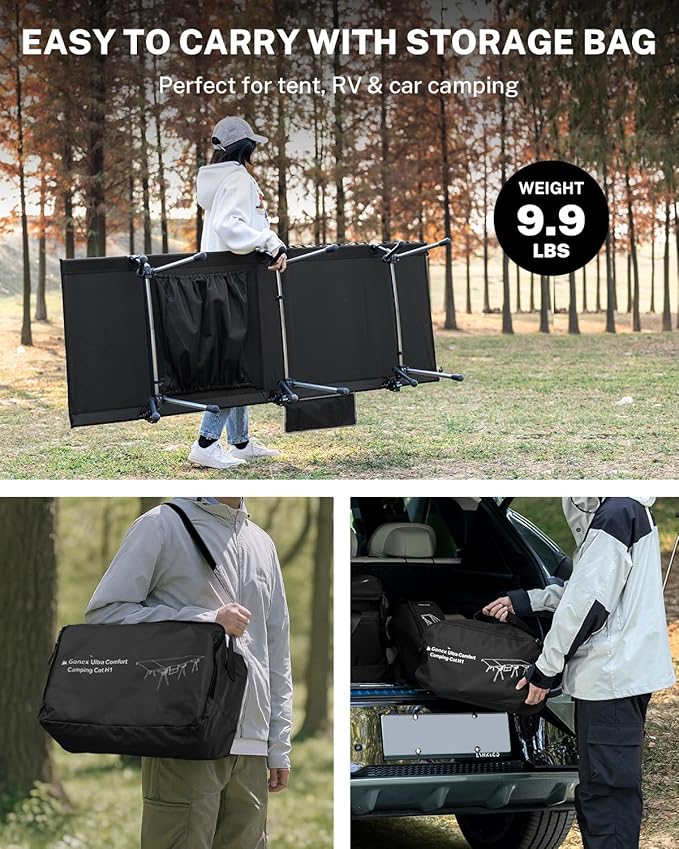 Gonex 31.5" Extra Wide Camping Cot with Leg Extenders 2 in 1 Portable Folding Cot for Adults Height Adjustable Supports 350lbs Sleeping Bed for Backpacking Travel Beach Home, Black