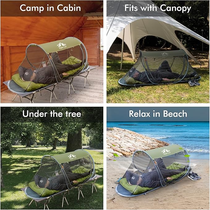 Night Cat Pop-up Mosquito Tent: 1 Person Camping Tent with Bug Screen Net Adults Fits with Camping Cot (Excluded)
