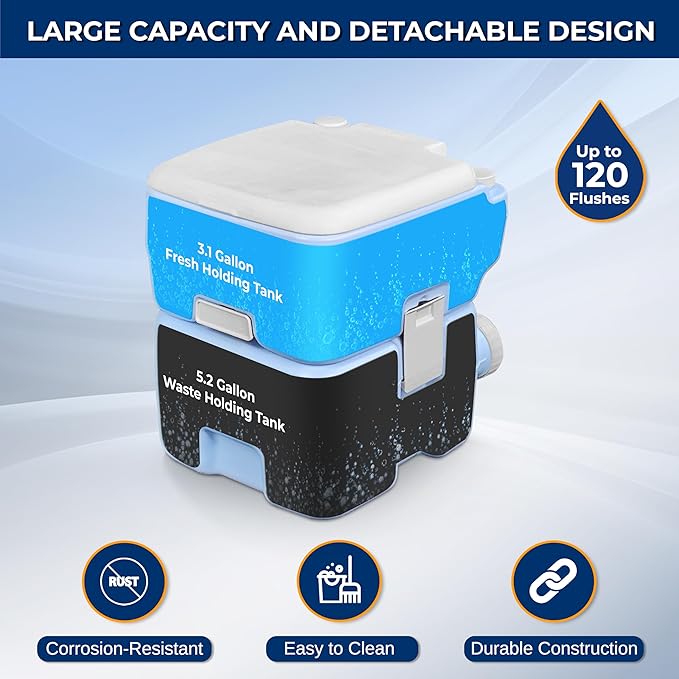 SereneLife 5.2 Gal Portable Toilet for Adults – Leak-Proof Camping Toilet with Detachable Waste Tank, 120+ Flushes, Hand Sprayer, Carry Bag & Plastic Funnel for RV, Tent, Hiking, Travel & Home Use
