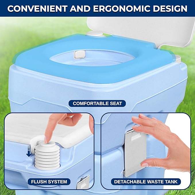 SereneLife 5.2 Gal Portable Toilet for Adults – Leak-Proof Camping Toilet with Detachable Waste Tank, 120+ Flushes, Hand Sprayer, Carry Bag & Plastic Funnel for RV, Tent, Hiking, Travel & Home Use