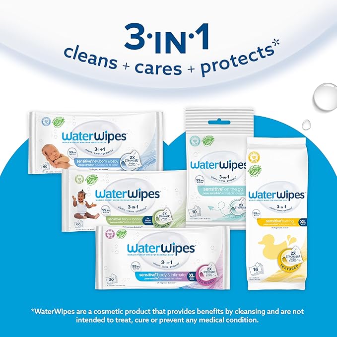 WaterWipes Sensitive+ Bathing Wipes, 3-In-1 Cleans, Cares, Protects, 99.9% Water, Unscented & Hypoallergenic, 16 Count (1 Pack)