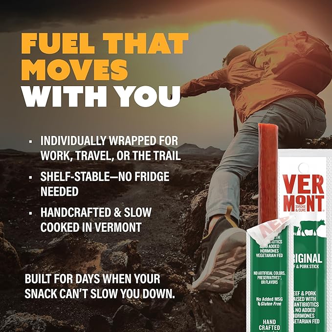 Snack Sticks by Vermont Smoke & Cure – Original Flavor – Beef & Pork – Healthy Meat Protein – 1oz Jerky Stick – 24 count carton