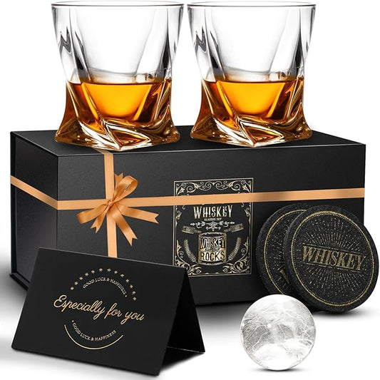 Old Fashioned Whiskey Glasses - 11 Oz Crystal Whiskey Glasses Set with 2 Ice Ball Molds and Coasters, Bourbon Glasses for Men Dad Husband Birthday Father's Day Groomsmen Gifts