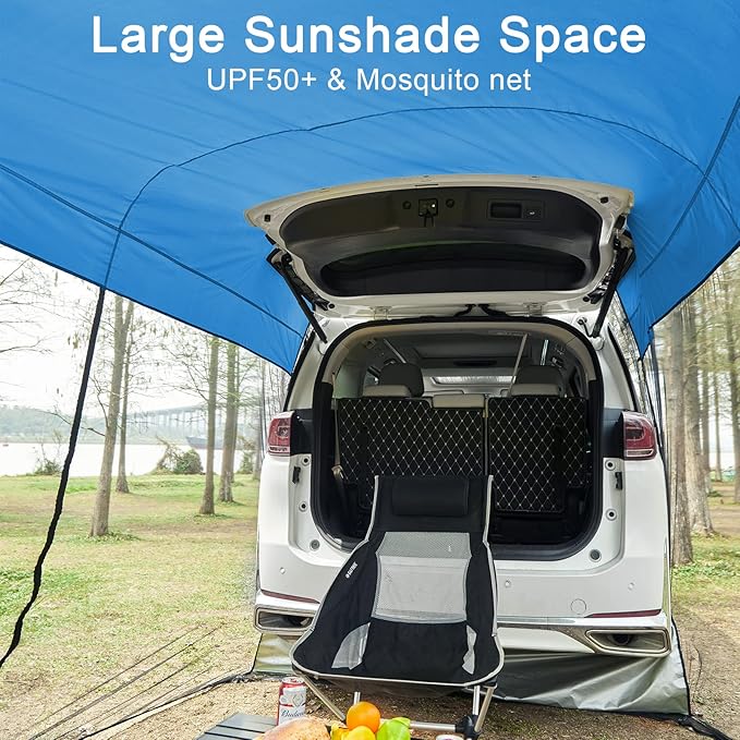 G4Free Car Awning Sun Shelter with Mosquito Net, Portable SUV Tent Tailgate Shade Car Canopy for Outdoor Camping Travel (Blue)