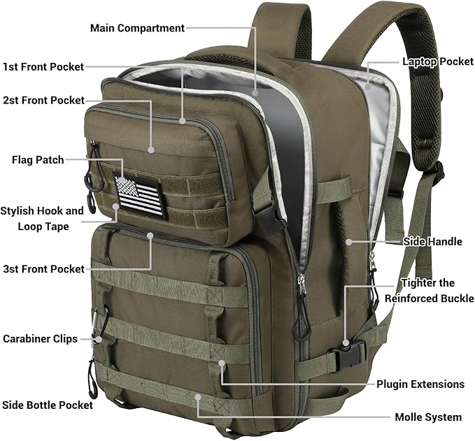 25L Tactical Bag Backpack for Men, Heavy Duty Military Backpack Molle Army Large Rucasack, Laptop Backpack Travel (Green)